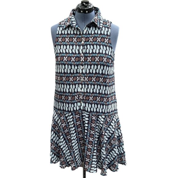 ENTRO Sleeveless Drop Waist Dress Hi-Lo Large Navy Multi Print Collar Silky NWT - Picture 1 of 14